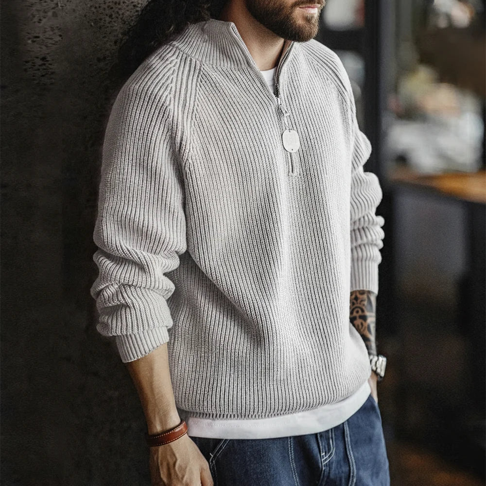 Maden Vintage Half-Zip Stand Collar Knitted Sweater Solid Color Warm Pullover for Men's Autumn and Winter Versatile Knitwear