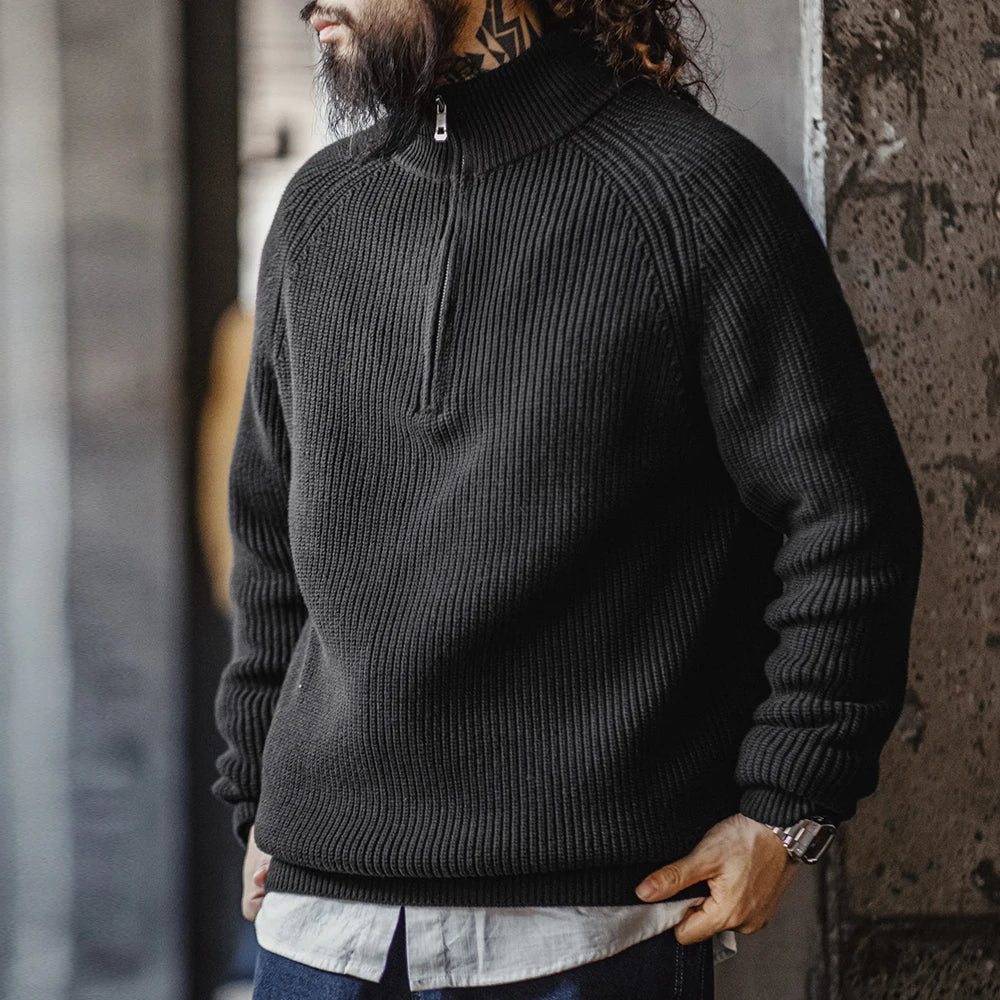 Maden Vintage Half-Zip Stand Collar Knitted Sweater Solid Color Warm Pullover for Men's Autumn and Winter Versatile Knitwear