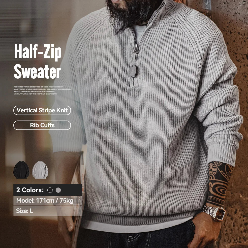 Maden Vintage Half-Zip Stand Collar Knitted Sweater Solid Color Warm Pullover for Men's Autumn and Winter Versatile Knitwear